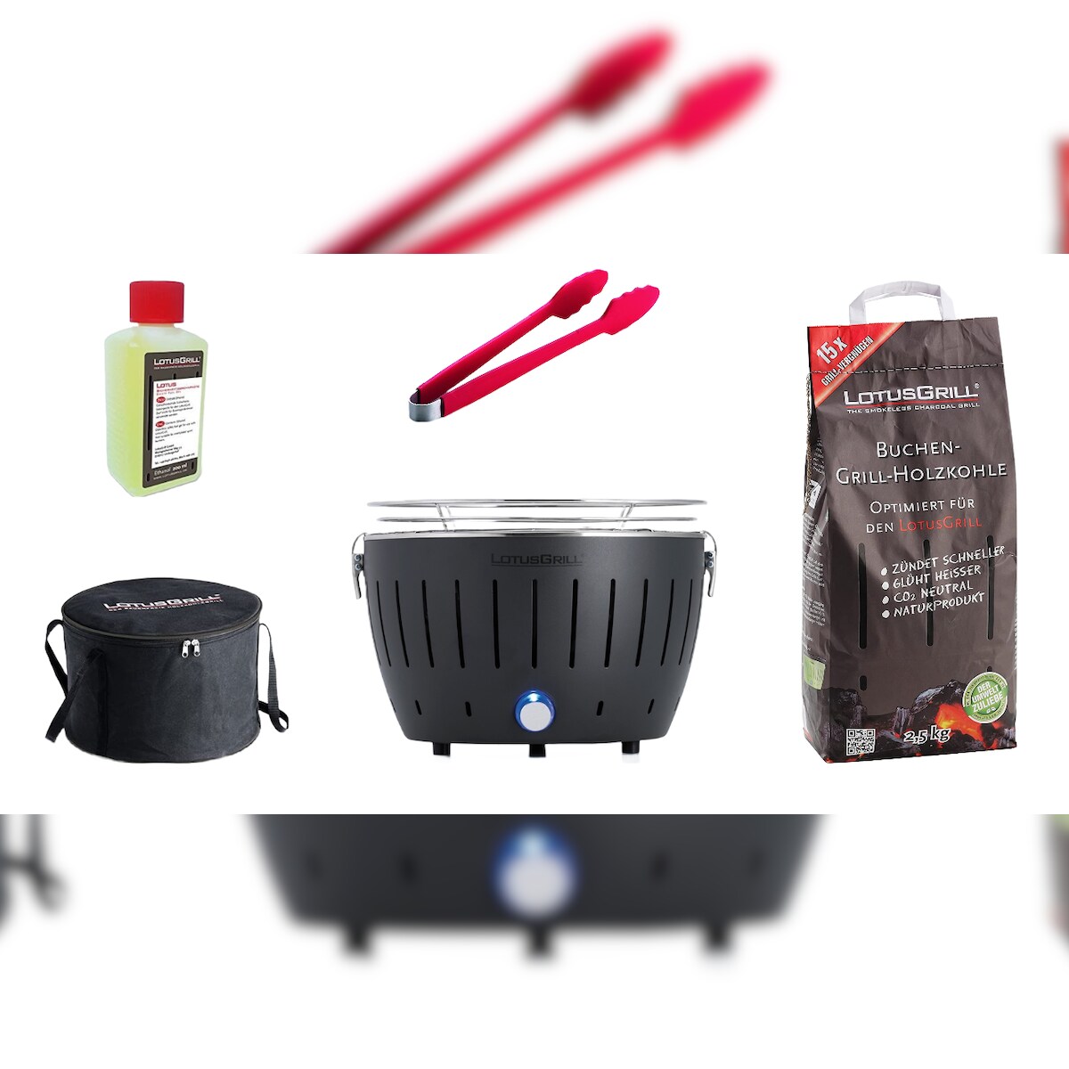 LotusGrill StarteLotusGrill S Small Kompakt Starter-Set Anthrazitgrau der raucharme Holzkohlegrill mit 2,5 kg Buchenholzkohle, 200 ml Brennpaste, 1x Image