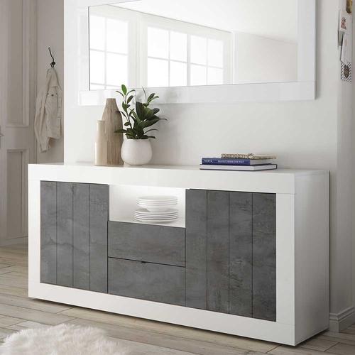 Esszimmer Sideboard in Weiß Hochglanz und Dunkelgrau offenem Fach