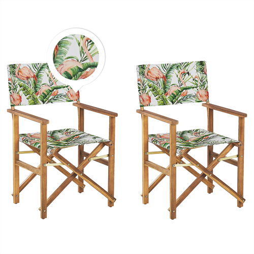 Gartenstühle 2er Set Helles Akazienholz mit 4 Wechselbaren Stoffbezügen Grau / Bunt Flamingomuster Zusammenklappbar Outdoor Gartenzubehör