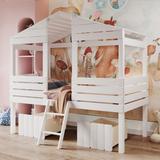 Modern Twin Size Low Loft Wooden House Bed with Full Length Guardrail, 2 Drawers, Roof and 2 Front Windows