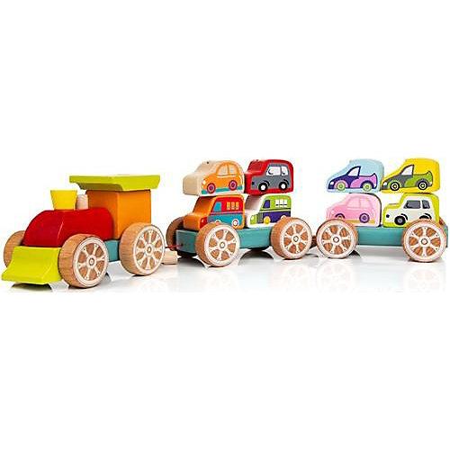 Holzeisenbahn mit kleinen Fahrzeugen