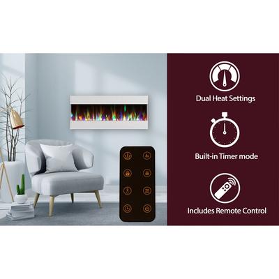 50 In. Recessed Wall Mounted Electric Fireplace with Crystal and LED Color Changing Display, White - Cambridge CAM50RECWMEF-1WHT