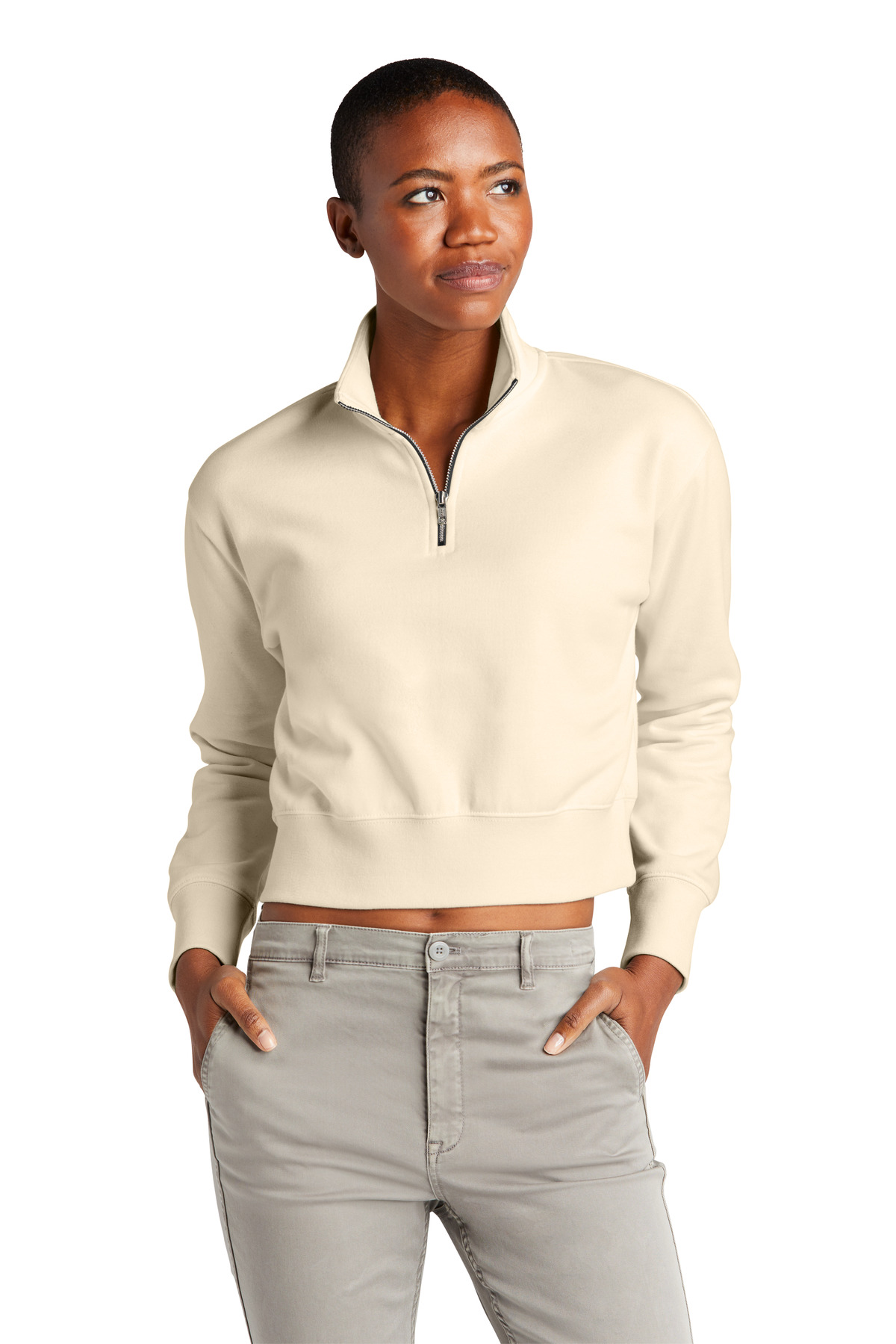 District DT6111 Women's V.I.T. Fleece 1/2-Zip T-Shirt in Gardenia size Large | Cotton/Polyester Blend
