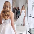 Fivsole – robe de mariée de princesse à plis simples col en v fente latérale haute boutons au dos