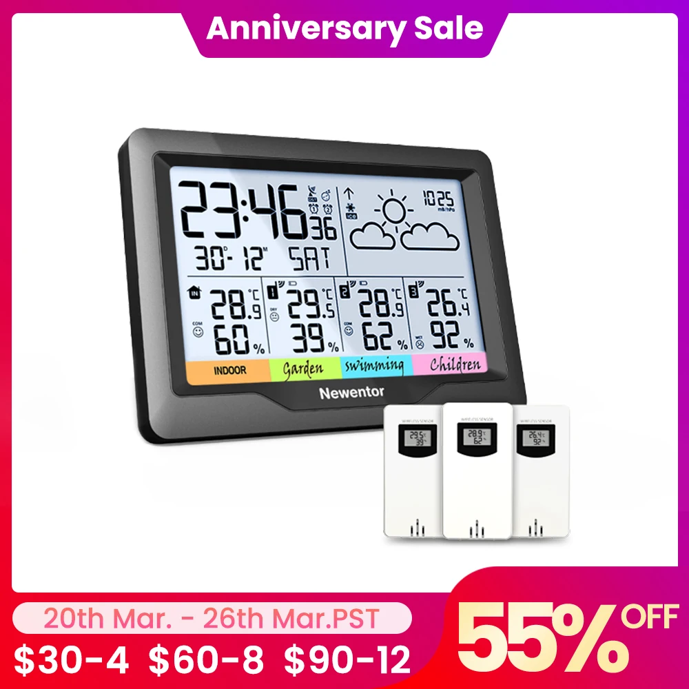 Newentor-Station météo sans fil Q5, intérieur, extérieur, horloge numérique, Therye.com avec 3 capteurs, température, moniteur d
