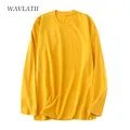 WAVLATII nouvelles femmes jaune à manches longues t-shirts femme 100% coton printemps automne vert
