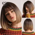 ESIN-Perruque synthétique lisse mi-longue avec frange pour femme cheveux bruns ombrés à bruns