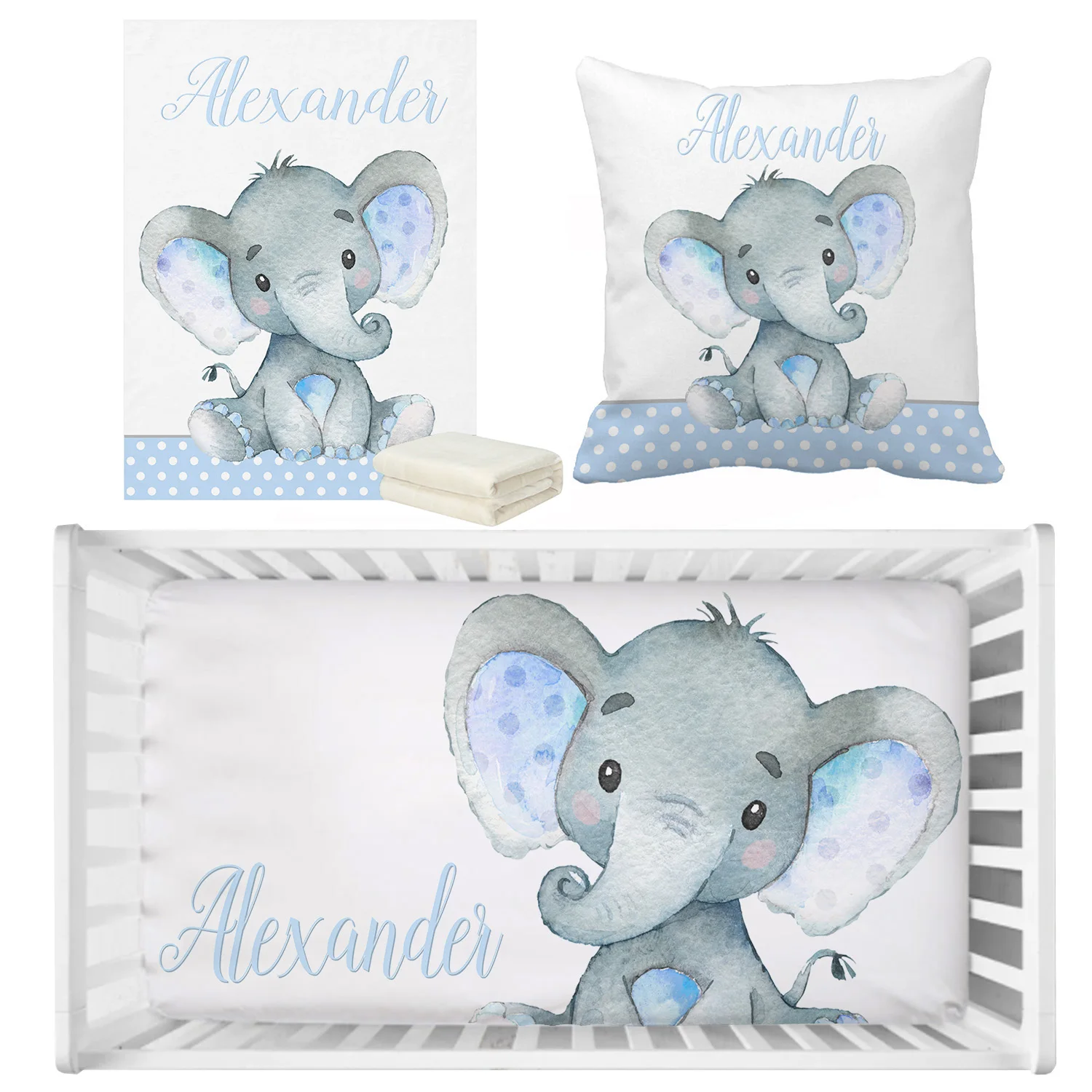 Ensemble de draps de lit pour bébé LVYZIHO, ensemble de literie personnalisé avec nom et éléphant bleu, ensemble de literie cadeau pour baby shower