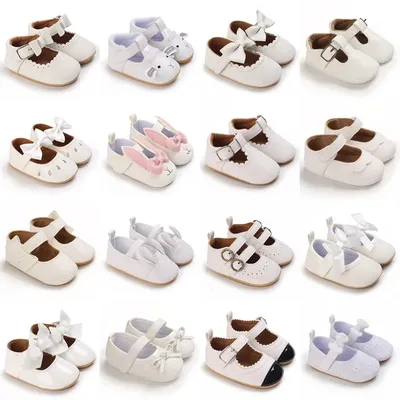 Chaussures de baptême blanches pour bébé fille nœud papillon semelle souple en caoutchouc non ald