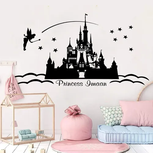 Autocollant mural en vinyle avec nom personnalisé, château de princesse, étoile, chambre de fille, chambre d'enfants, nom personnalisé, conte de fées, Wal, salle de jeux, maison