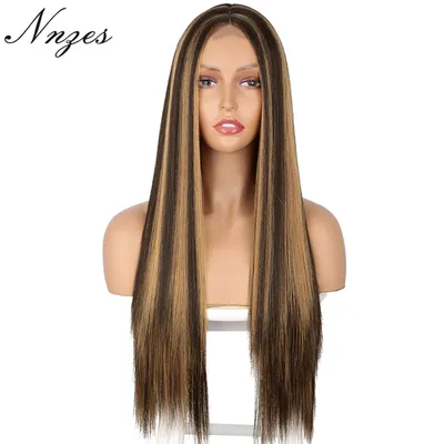 NNZES – perruque synthétique lisse et longue pour femmes noires cheveux de Cosplay brun foncé