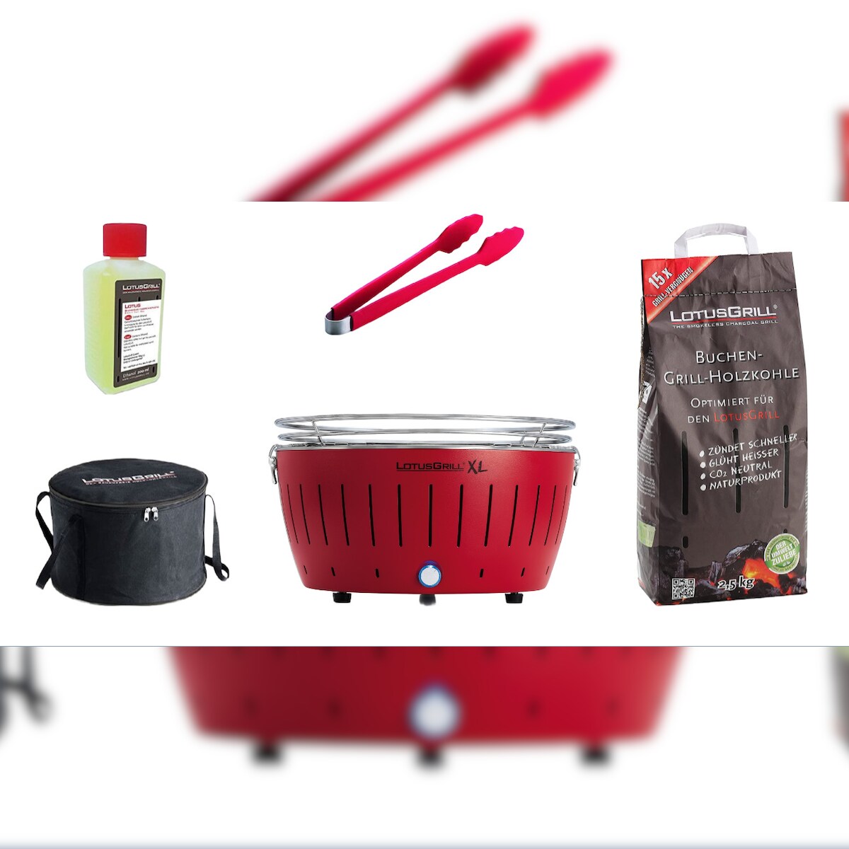 LotusGrill XL Starter-Set 1x XL Grill Feuerrot mit USB-Anschluß, 1x Buchenholzkohle 2,5 kg, 1x Brennpaste 200ml, 1x Zange, 1x Transport-Tragetasche Image