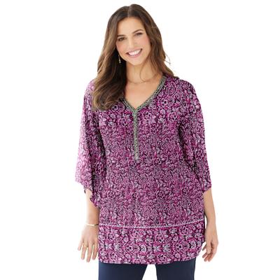 Plus Size Women's Bejeweled Pleated Blouse by Catherines in Pink Burst Batik Border (Size 1X)