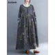 Robe en coton à manches longues pour femmes robes grises imprimées vintage robe décontractée