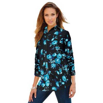 Plus Size Women's Long-Sleeve Kate Big Shirt by Roaman's in Teal Rose Floral (Size 42 W) Button Down Shirt Blouse