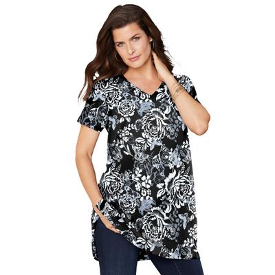 Plus Size Women's Short-Sleeve V Neck Ultimate Tunic by Roaman's in Black Butterfly Bloom (Size 2X) Long T-Shirt Tee