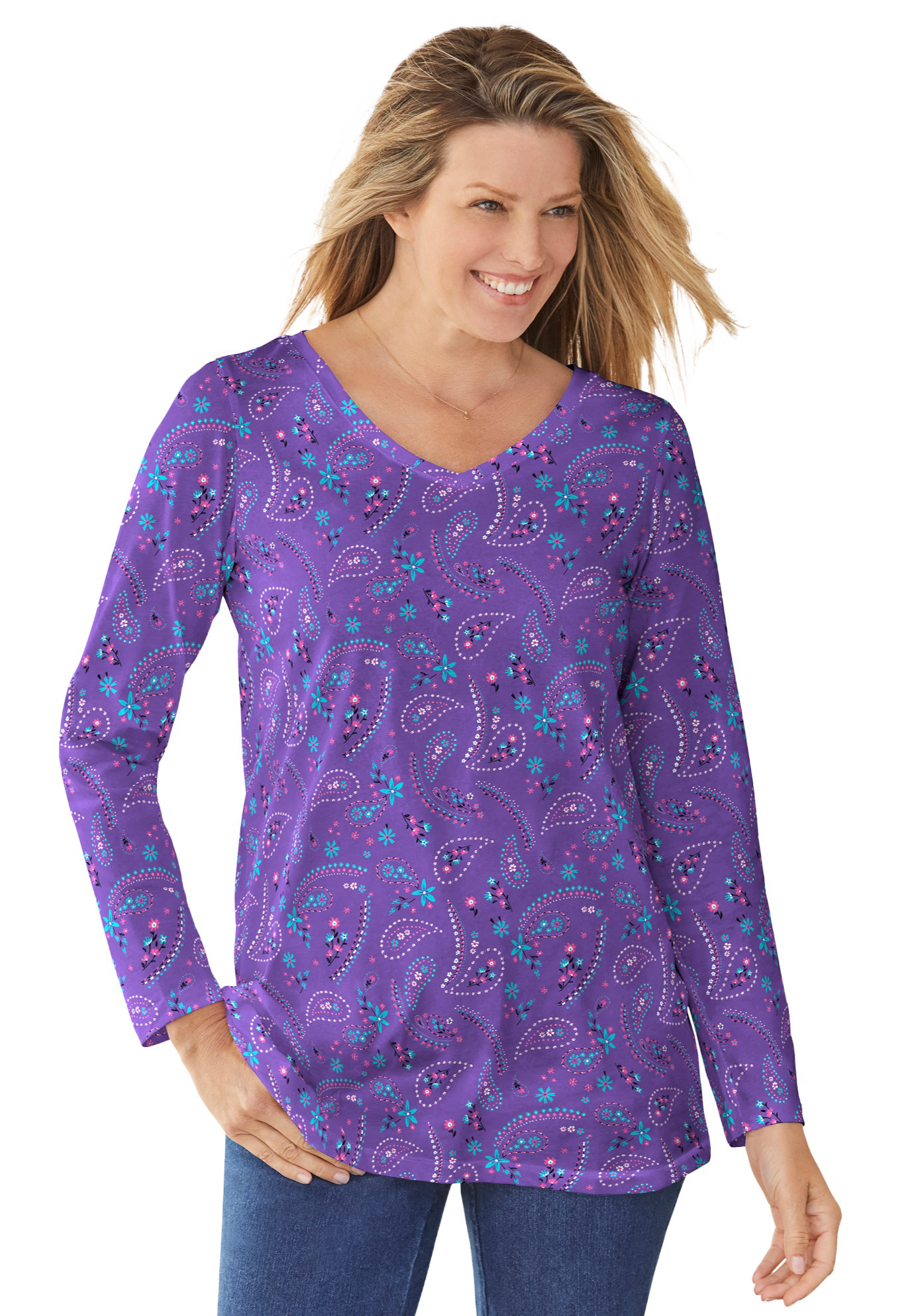 Plus Size Women's Perfect Printed Long-Sleeve V-Neck Tee by Woman Within in Petal Purple Floral Paisley (Size 26/28) Shirt