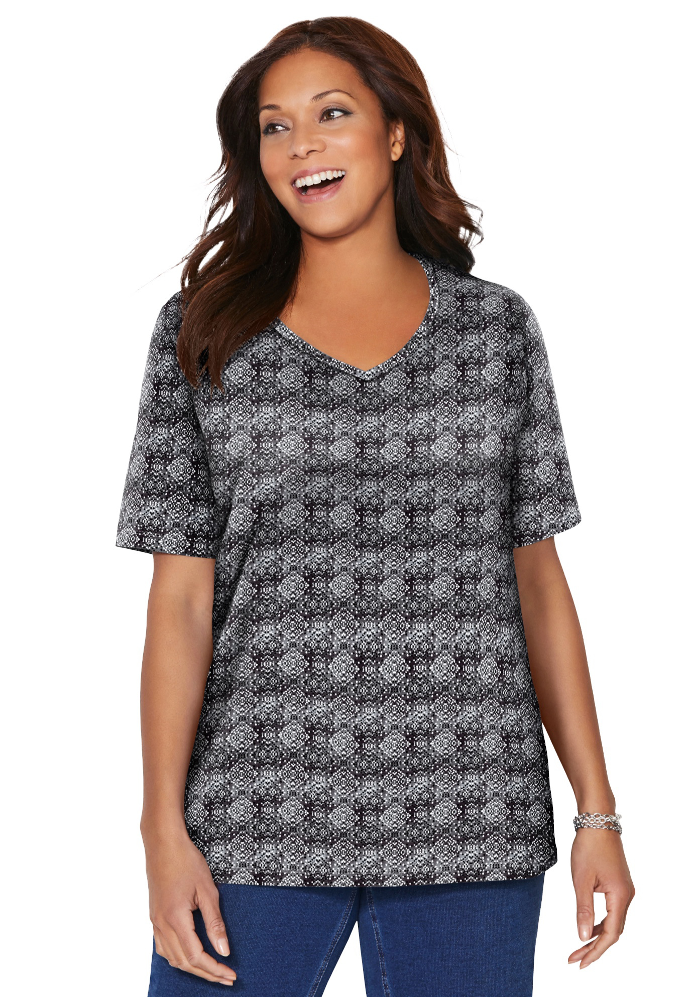 Plus Size Women's Suprema® Short Sleeve V-Neck Tee by Catherines in Black Dot Medallion (Size 2XWP)