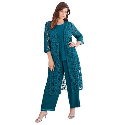 Plus Size Women's Three-Piece Lace Duster & Pant Suit by Roaman's in Deep Teal (Size 26 W)