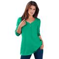 Plus Size Women's Long-Sleeve Henley Ultimate Tee with Sweetheart Neck by Roaman's in Tropical Emerald (Size 3X) 100% Cotton Shirt