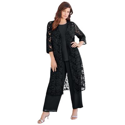 Plus Size Women's Three-Piece Lace Duster & Pant Suit by Roaman's in Black (Size 40 W)