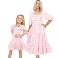 Robes assorties mère et fille rose grille printemps look de famille maman et moi vêtements