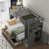 Sturdy Pine Twin over Full/Twin Bunk Bed, Convertible Bottom Bed, Storage Shelves & Drawers & Guardrails