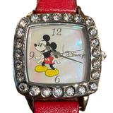 Disney Accessories | Disney Seiko Mc0393 Mickey Mouse Jeweled Watch Red Calfskin Leather Band | Color: Red | Size: 28.7mm