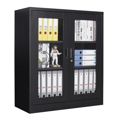 Latitude Run® Metal Storage Cabinet Steel Locking Storage Cabinet w/ 2 Glass Doors & 2 Adjustable Shelves Stainless Steel in Black | Wayfair