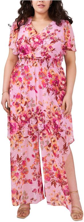 Plus Size V-neck Floral-print Chiffon Jumpsuit - Pink - Msk Jumpsuits