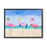 Stupell Industries Cute Pink Flamingos Beach Attire Strolling Coast Illustration by Julie Derice - Painting Canvas in Blue/Pink | Wayfair