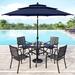 Lark Manor™ Alyah 5-piece Steel Patio Outdoor Dining Set w/ Umbrella, metal Stackable Chairs, Square Table Metal in Black | 37 W x 37 D in | Wayfair