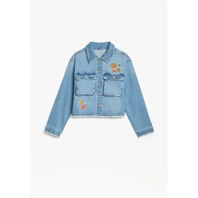 Maurices Girls Frayed Leaf Embroidered Blue Denim Jacket Size X Small