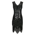 Grouptap 1920s flapper gatsby sequins fringe v-neck long dress black womens girls 20s style fancy beads costume size 6/8 (Black, UK 6-8)