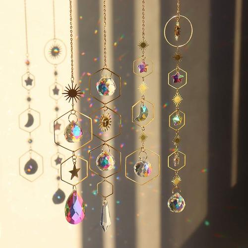 4er-Pack Kristall-Sonnenfänger, bunter hängender Sonnenfänger mit Kristallkugel, Mond, Stern,