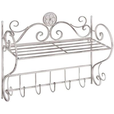 Wandregal Weiß Metall mit 1 Boden 5 Haken Rechteckig Antik Optik Retro Badezimmer Wohnzimmer Image