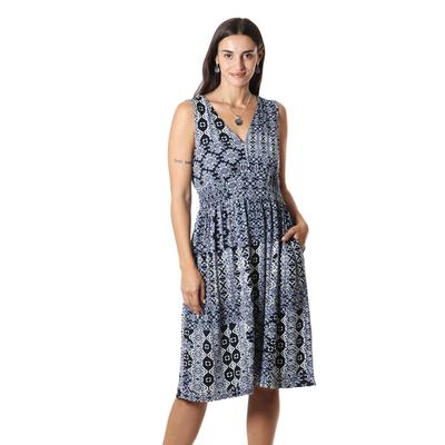 Mughal Blue,'Floral-Patterned Viscose A-Line Dress'