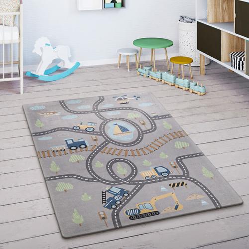 Kinderteppich Kinderzimmer Teppich Spielmatte Spielteppich Straßenteppich Grau Grün 80 cm Rund