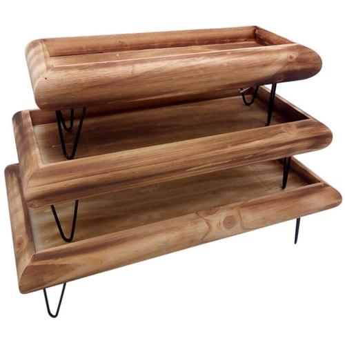 Dekotablett-Set 3tlg. aus Holz mit Metallfüßen Serviertablett Holztablett Deko