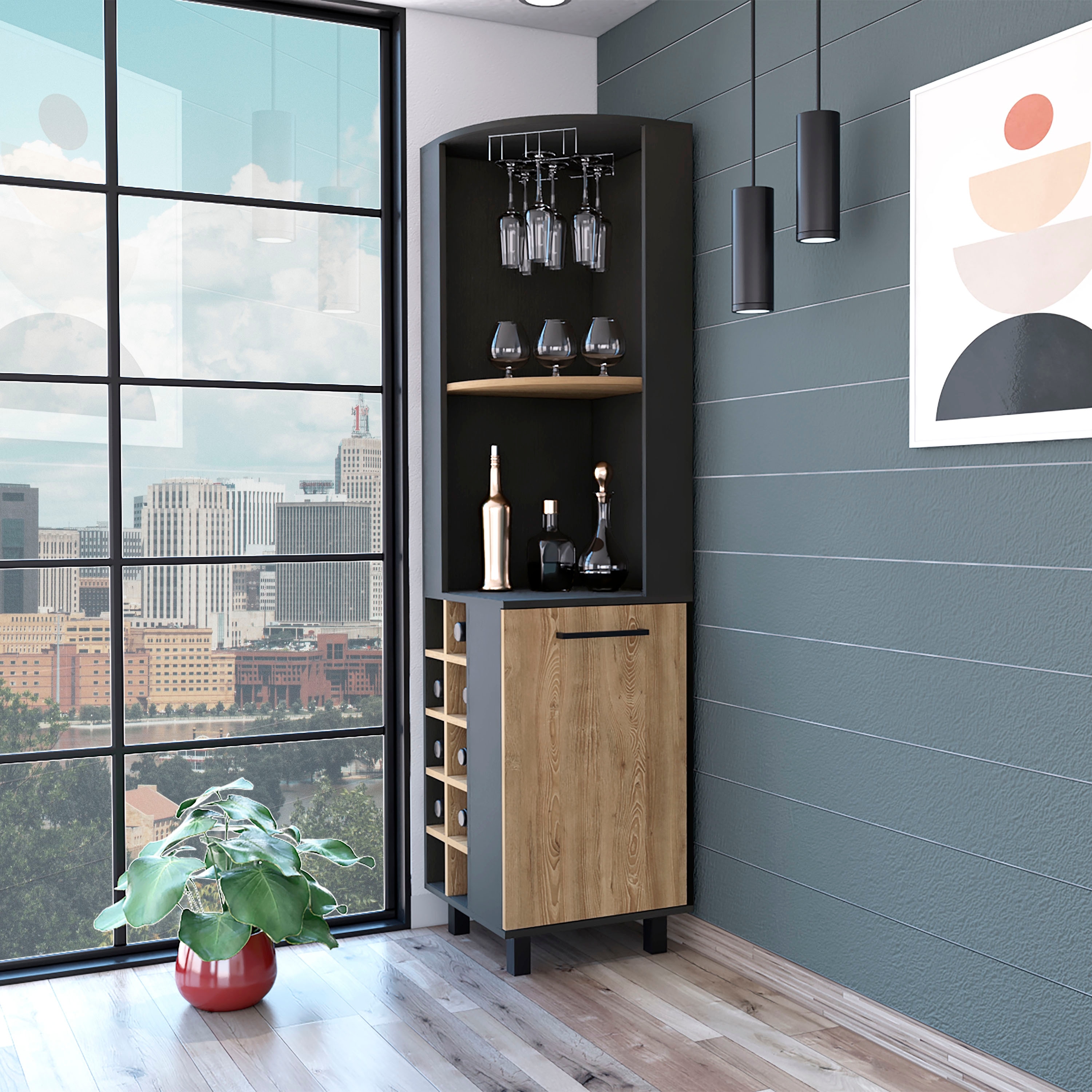 FM Furniture Leah Corner Bar Cabinet with 2 Open Shelves, 2 Inner Shelves, Glass Rack and 10 Wine Cubbies