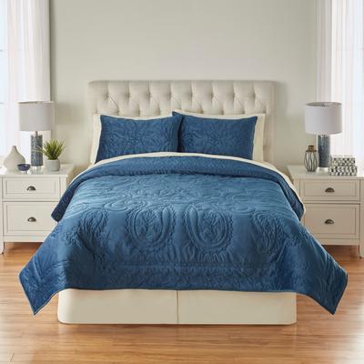 Embroidered Velvet Quilt Set by BrylaneHome in Blue (Size KING)