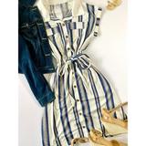 Lularoe Dresses | Lularoe Blue And Cream Striped Dress Collar And Pocket Details Midi S | Color: Blue | Size: S