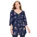 Plus Size Women's V-Neck Pintucked Tunic by Woman Within in Navy Marigold Floral (Size 42/44)