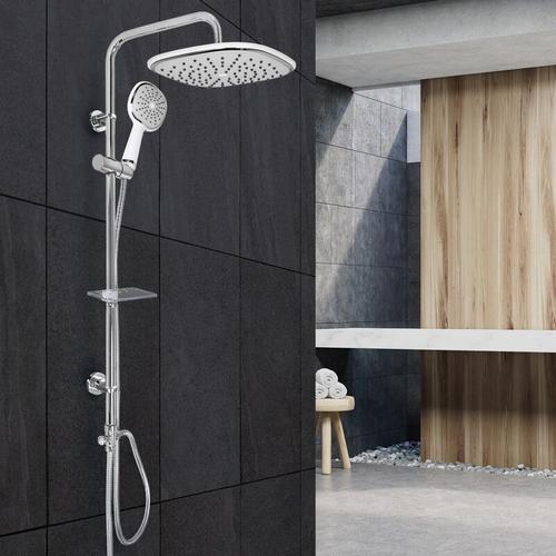 Edelstahl Duschsystem, Runder Design, Weiß, Handbrause mit Anti-Kalk Düsen, Duschstange mit ovale