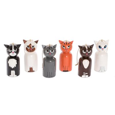 Cats' Holiday,'Hand-Painted Wooden Ornaments (Set of 6)'