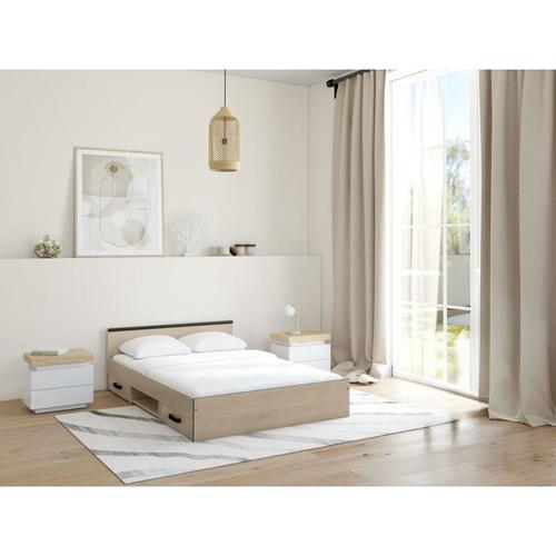 Bett mit 2 Schubladen & 1 Ablage – 140 x 190 cm – Naturfarben – pablo – Naturfarben hell