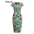 Tonval-Robe crayon mi-longue à imprimé multicolore pour femmes robe de pin-up taille haute robes