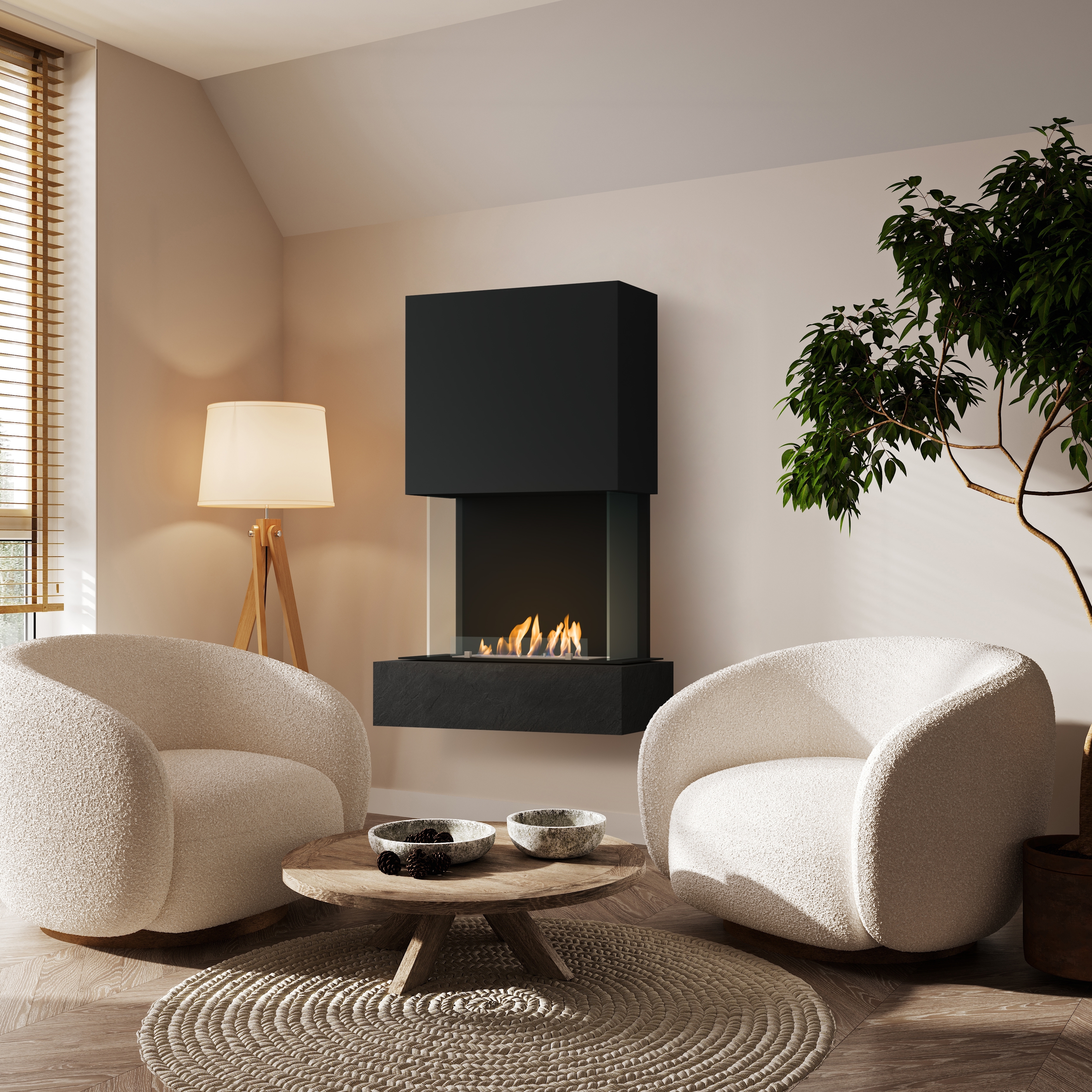 muenkel design Como [moderner Design Ethanolkamin]: Nero (Schiefer schwarz) - Weiß - safety burner 290