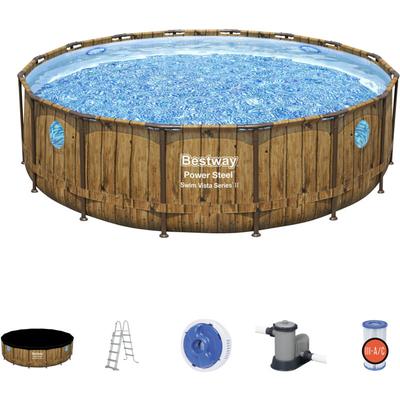 Bestway - Aufstellpool Power Steel Holz-Design Ø488x122 cm Kartuschenfilter 5.678 l/h Abdeckung und Image