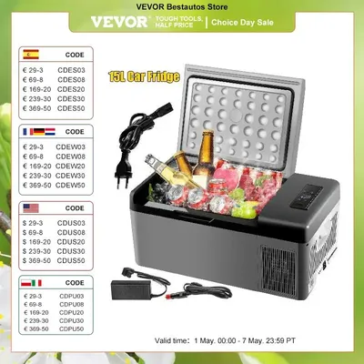 VEVOR 15 L Glacière Congélateur Voiture Portable Mini Réfrigérateur Électrique 12/24 V CC 110-240 V